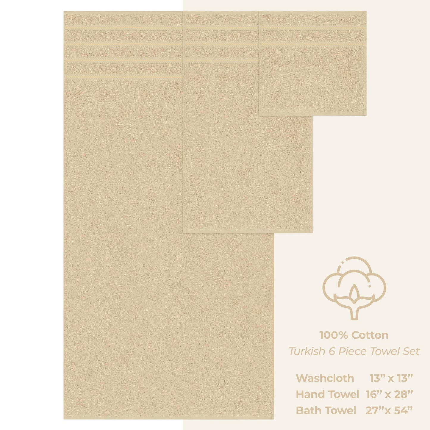 American Soft Linen Luxury 6 Piece Towel Set, 2 Bath Towels 2 Hand Towels 2 Washcloths, 100% Cotton Turkish Towels for Bathroom, Beige Towel Sets