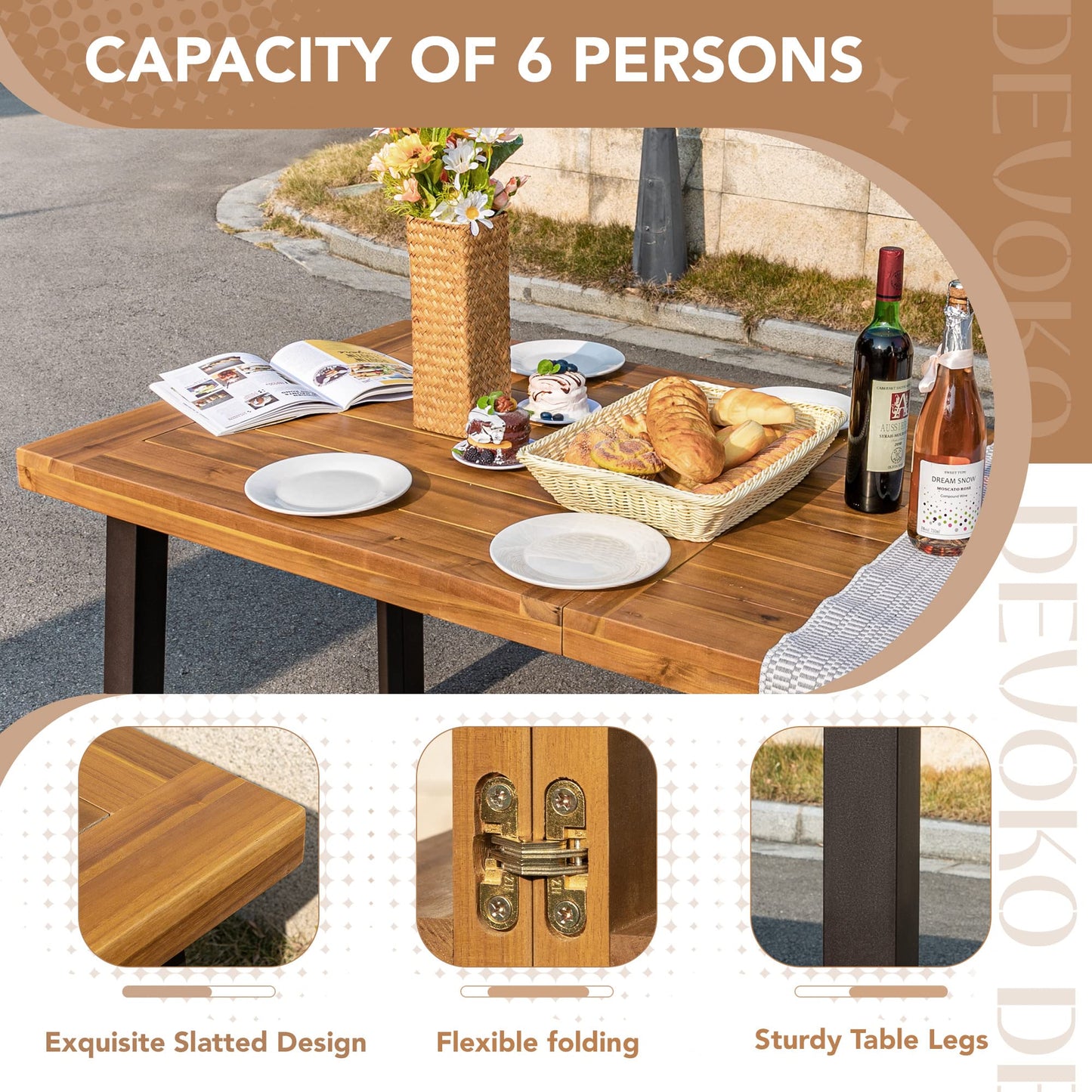 Devoko Home Acacia Wood Dining Table 6-Person Indoor Outdoor Table with Iron Legs, Sandblast Finish, Natural Stained, Rustic Metal, 69 * 33 * 30 inch (Natural)