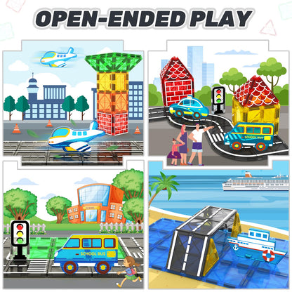 IGIVI Magnetic Tiles - Road Set with Car Toys, STEM Magnetic Blocks Building Toys for Toddlers, Construction Toys for Kids Ages 3+,Gifts Toys for Boys & Girls