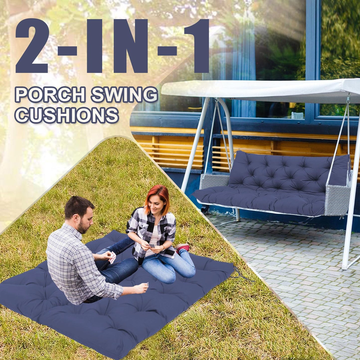HZMGPCM Extra Thick 5" Waterproof Porch Swing Cushions Outdoor 60 inch Swing Cushions 3 Seater Replacement with Backrest and Ties for Outdoor Furniture Patio Bench Garden(Navy Blue)