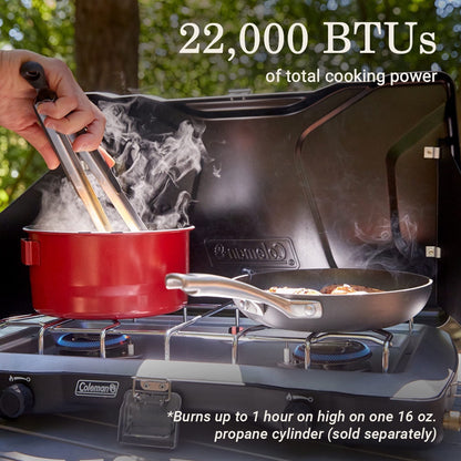 Coleman Triton+ Portable 2-Burner Propane Camping Stove 22000 Total BTUs Wind Guards Adjustable Burners Instant Push-Button Ignition Suitable for Backyard BBQs Beach Cookouts Tailgating