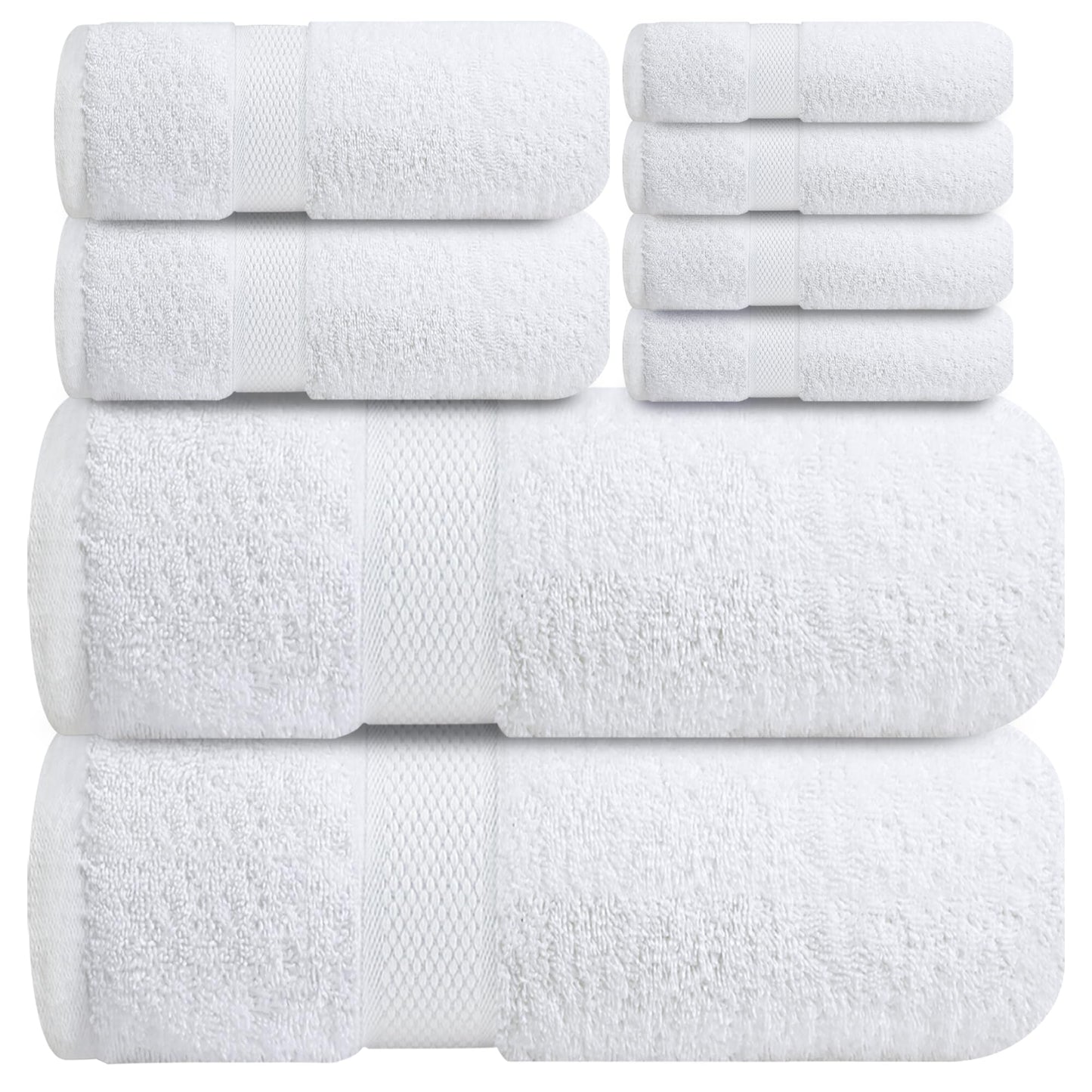 Infinitee Xclusives Luxury 100% Cotton Towel Set – 8 Piece Bathroom Towel Set (2 Bath Towels, 2 Hand Towels, 4 Washcloths) – Soft & Absorbent Towels for Bathroom (Brilliant White)