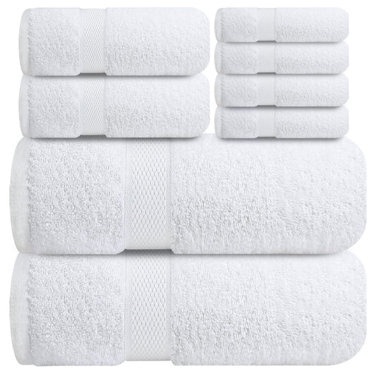 Infinitee Xclusives Luxury 100% Cotton Towel Set – 8 Piece Bathroom Towel Set (2 Bath Towels, 2 Hand Towels, 4 Washcloths) – Soft & Absorbent Towels for Bathroom (Brilliant White)
