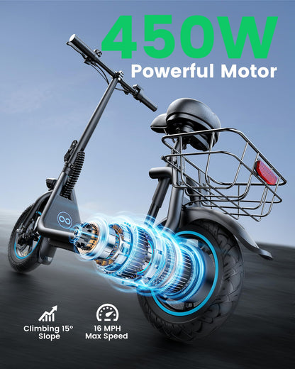 AWWSCOOTER C1 Electric Scooter with Seat for Adults, 450W Powerful Motor, 20 Mile Long Range, 16 Mph Foldable Commuter E-Scooter with Basket for Daily Commute, Grocery, or Pet Travel – Classic Black