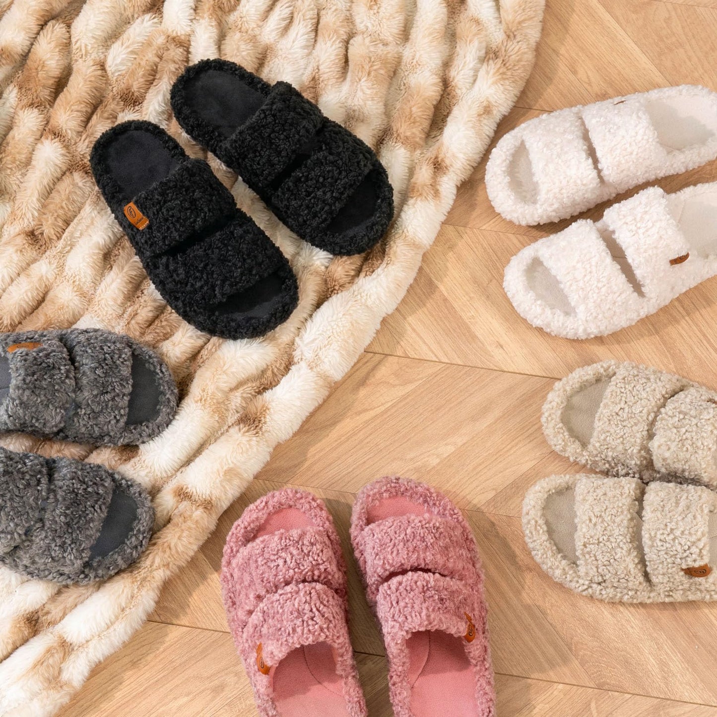 EverFoams Womens Fuzzy Open-toe Slippers Soft Comfy Memory Foam Indoor House Shoes Matt Black,9-10 US