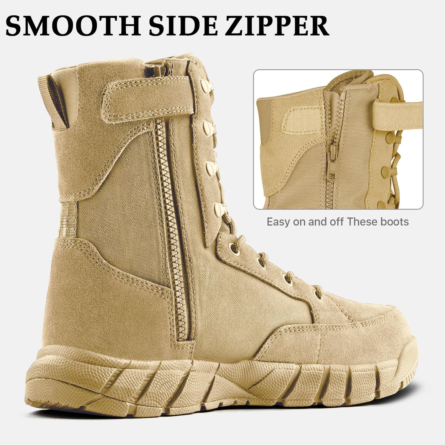 FREE SOLDIER Men's 8 Inch Tactical Side Zip Boots Military Army Work Boots Lightweight Combat Boot for Motorcycle Boot(Tan 10.5)