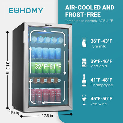 EUHOMY Beverage Refrigerator and Cooler, 126 Can Mini fridge with Glass Door, Small Refrigerator with Adjustable Shelves for Soda Beer or Wine, Perfect for Home/Bar/Office (Slive).