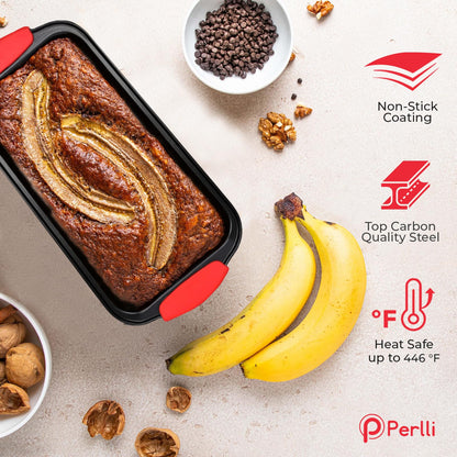 Perlli Baking Pan 10 Piece Set Nonstick Carbon Steel Oven Bakeware Kitchen Set with Silicone Handles, Cookie Sheets, Round Cake Pans, Square Pan, Loaf Pan, Roasting Pan, Pizza Crisper, Muffin Pans