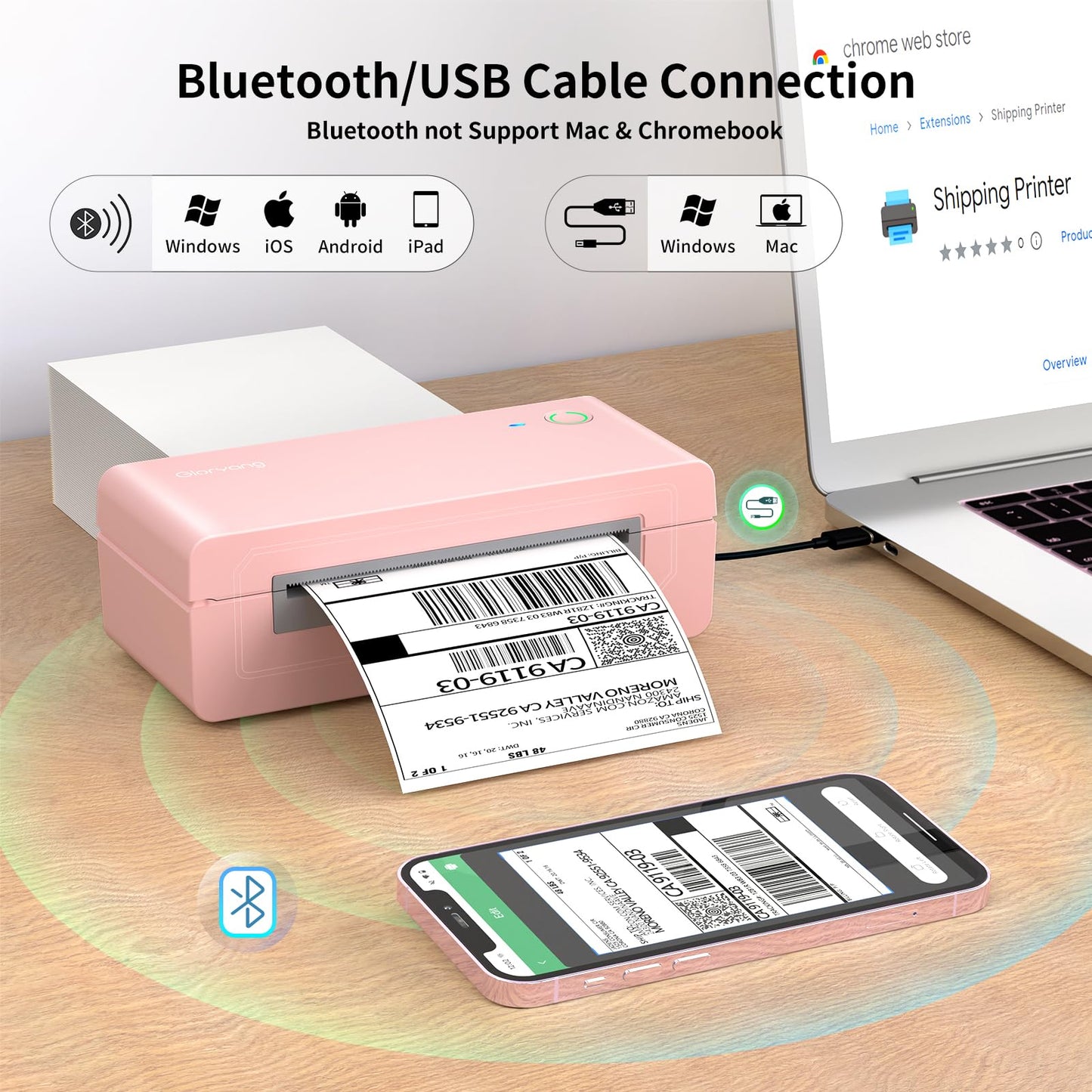 Gloryang Bluetooth Thermal Shipping Label Printer, 4X6 Inkless Label Machine for iOS, Android, Laptop, Wireless Printer for Small Business, Compatible with Amazon, UPS, Shopify, Pink