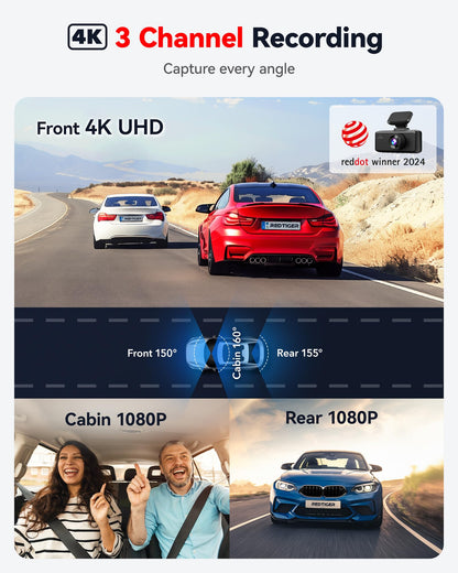 REDTIGER 4K 3 Channel Dash Cam, 5GHz WiFi Built-in GPS with 64GB Card, 2160P+1080P+1080P Front and Rear Inside, Triple Car Camera with 3 Inch Screen, IR Night Vision, G Sensor, WDR, Parking Mode(F17)