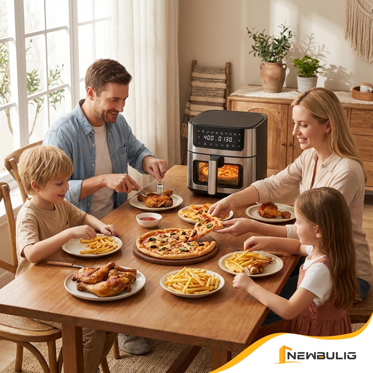 NEWBULIG Air Fryer 6.34QT, Airfryer with Visible Window, 400℉ Fast Heating Air Fryers Oven with Nonstick and Dishwasher-Safe Basket, 8-in-1 Cooking Preset, Timer，Auto-Off, Stainless Steel, Black