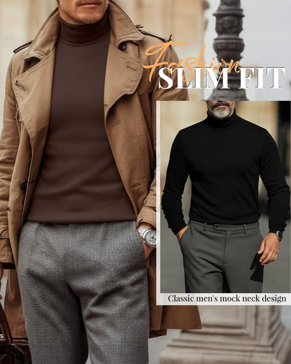 Ficerd 3 Pack Men's Turtleneck Shirts, Long Sleeve Cotton Pullover Sweaters Mock Neck Knitted T Shirt Basic Slim Fit Tee Tops(Black, Brown, Apricot,X-Large)