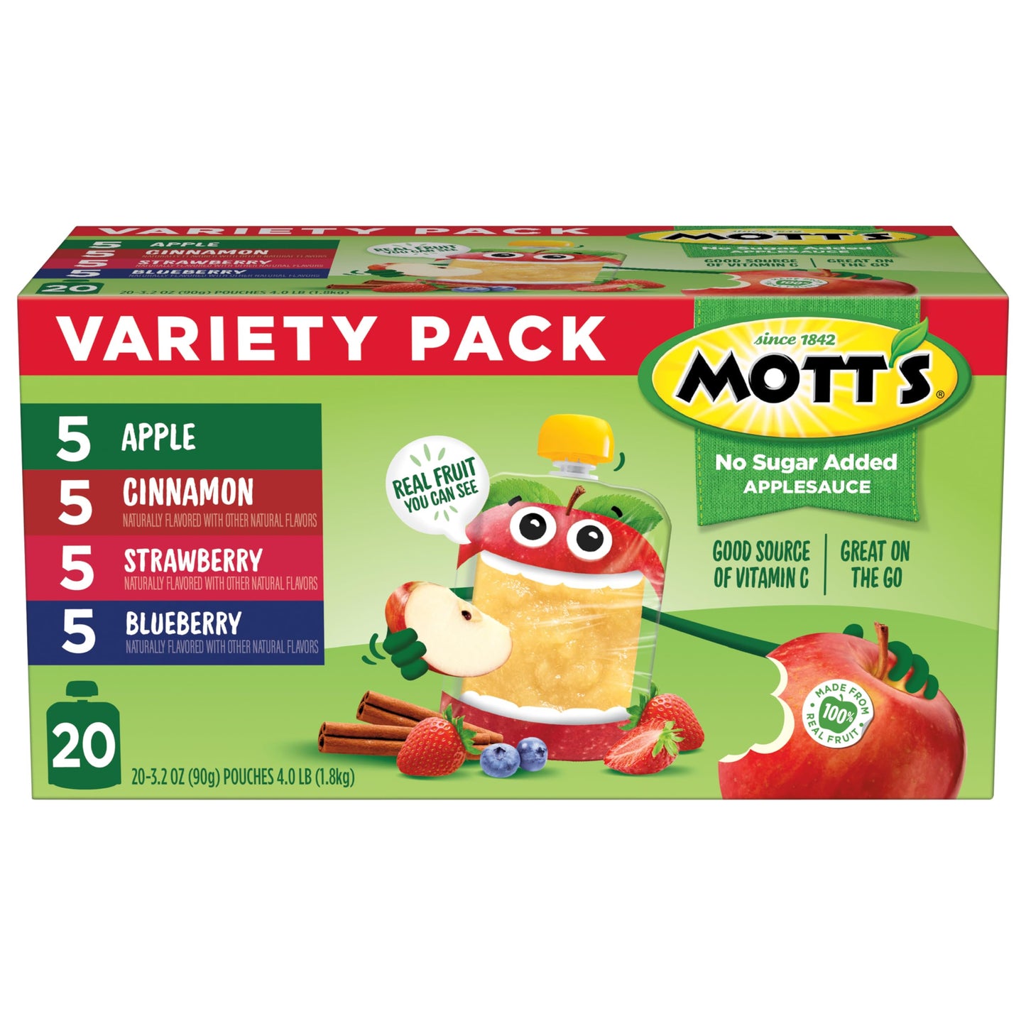 Mott's No Sugar Added Applesauce Variety Pack, 4 Flavors – Apple, Strawberry, Cinnamon & Blueberry, Made from Real Fruit, No Artificial Flavors, 3.2 Clear Pouches, 20 Pack