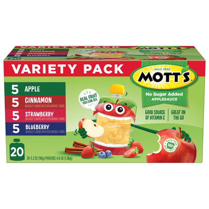 Mott's No Sugar Added Applesauce Variety Pack, 4 Flavors – Apple, Strawberry, Cinnamon & Blueberry, Made from Real Fruit, No Artificial Flavors, 3.2 Clear Pouches, 20 Pack