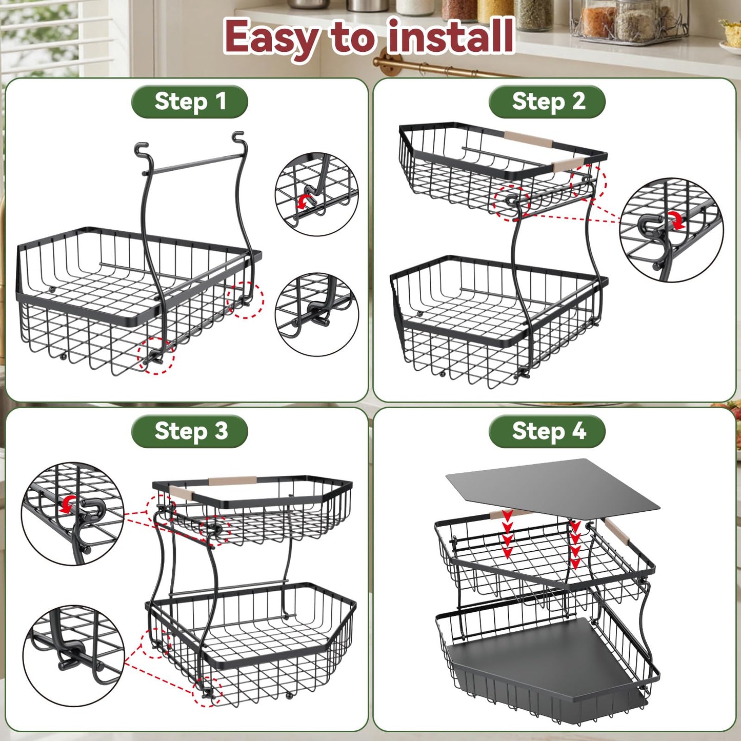 Tequie 2 Tier Fruit Basket for Kitchen Counter - Detachable Metal Fruit Bowl with 2 Banana Hangers for Corner , Large Capacity Fruit Stand with Wooden Handle for Bread Fruit and Vegetable Storage