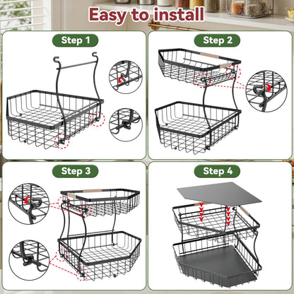 Tequie 2 Tier Fruit Basket for Kitchen Counter - Detachable Metal Fruit Bowl with 2 Banana Hangers for Corner , Large Capacity Fruit Stand with Wooden Handle for Bread Fruit and Vegetable Storage