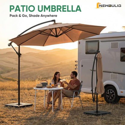 NEWBULIG 10FT Patio Umbrella with Base Included, Offset Cantilever Outdoor Patio Table Umbrella, UV Protection, Fade Resistant Fabric, Easy Tilt Adjustment for Pool, Deck, Garden, Backyard, Khaki