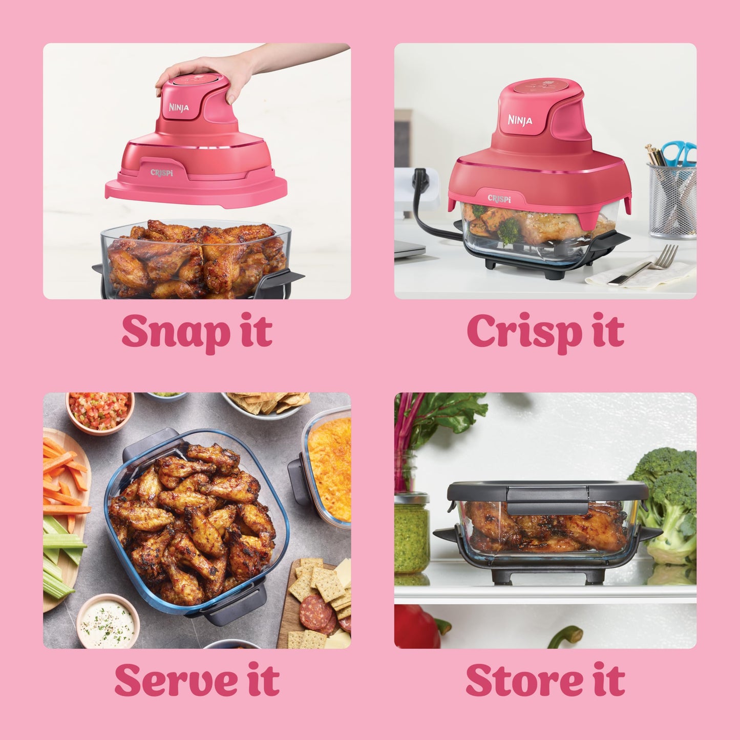 Ninja | Air Fryer | Crispi 4-in-1 Portable Cooking System | 4QT & 6 Cup Glass Containers, Crisper Plates & Storage Lids Included | Microwave, Freezer & Dishwasher Safe | Cherry Crush | FN101DR