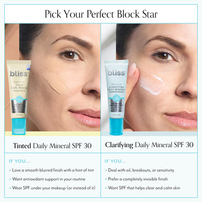 Bliss Block Star SPF 30 Daily Tinted Sunscreen with Zinc Oxide, Sunscreen & Makeup Primer- All Skin Tones - 100% Mineral Broad Spectrum Sunscreen with Titanium Dioxide & Antioxidant Blend,- 1.4 fl oz.