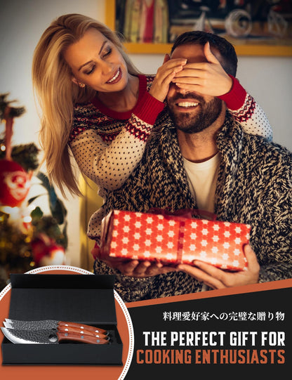 Huusk Viking Knife Set of 3, Japanese Butcher Knife Set for Meat Cutting, Hand Forged Boning Knives with Wood Handle, Japanese High Carbon Steel, for Camping, Outdoor, BBQ, Christmas Gifts for Men