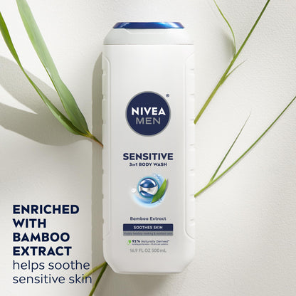 NIVEA MEN Sensitive Body Wash with Bamboo Extract, Moisturizing Body Wash for Sensitive Skin, Soap Free Shower Gel for Men with No Drying Alcohol, 16.9 Fl Oz Bottle, Pack of 3