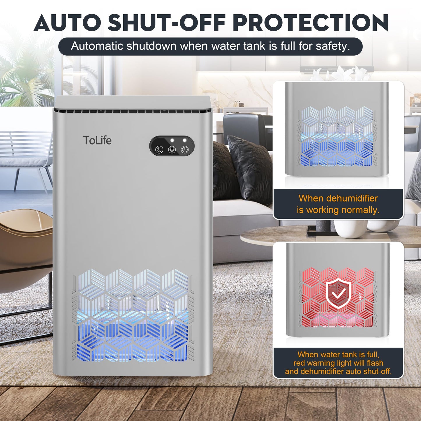 ToLife Dehumidifier, 95 OZ Water Tank, 1000 sq.ft Dehumidifiers for Home Bedroom Basement Bathroom with Auto Shut Off, 7 Colors LED Light,Silver