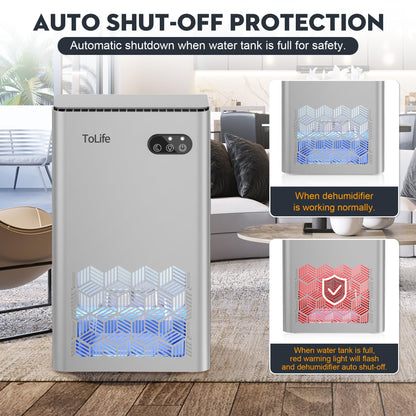 ToLife Dehumidifier, 95 OZ Water Tank, 1000 sq.ft Dehumidifiers for Home Bedroom Basement Bathroom with Auto Shut Off, 7 Colors LED Light,Silver