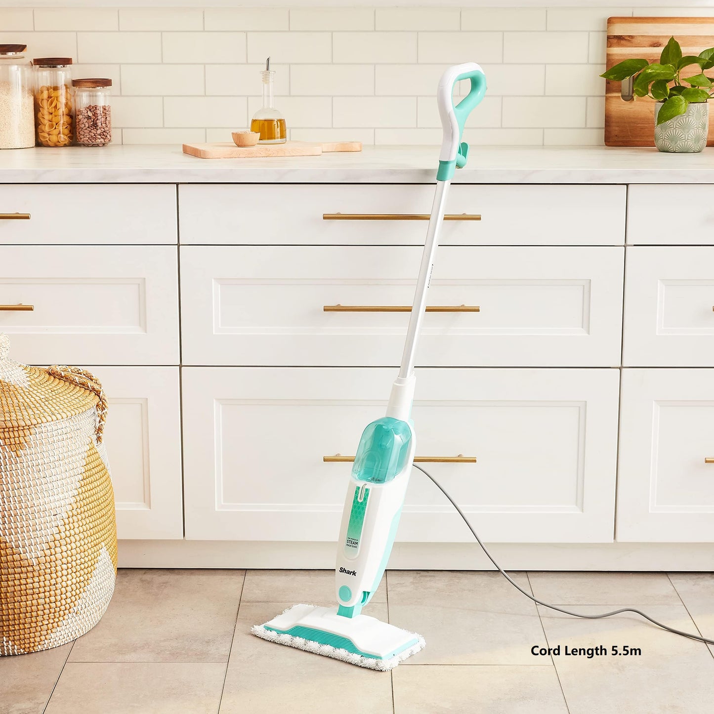 Shark Steam Mop with 2 Machine Washable Dirt Grip Pads, Removable Water Tank, Lightweight, Steam Cleaner for sealed Hard Floors, Marble, Stone, Hardwood, Tile, Laminate, White/Seafoam, S1000
