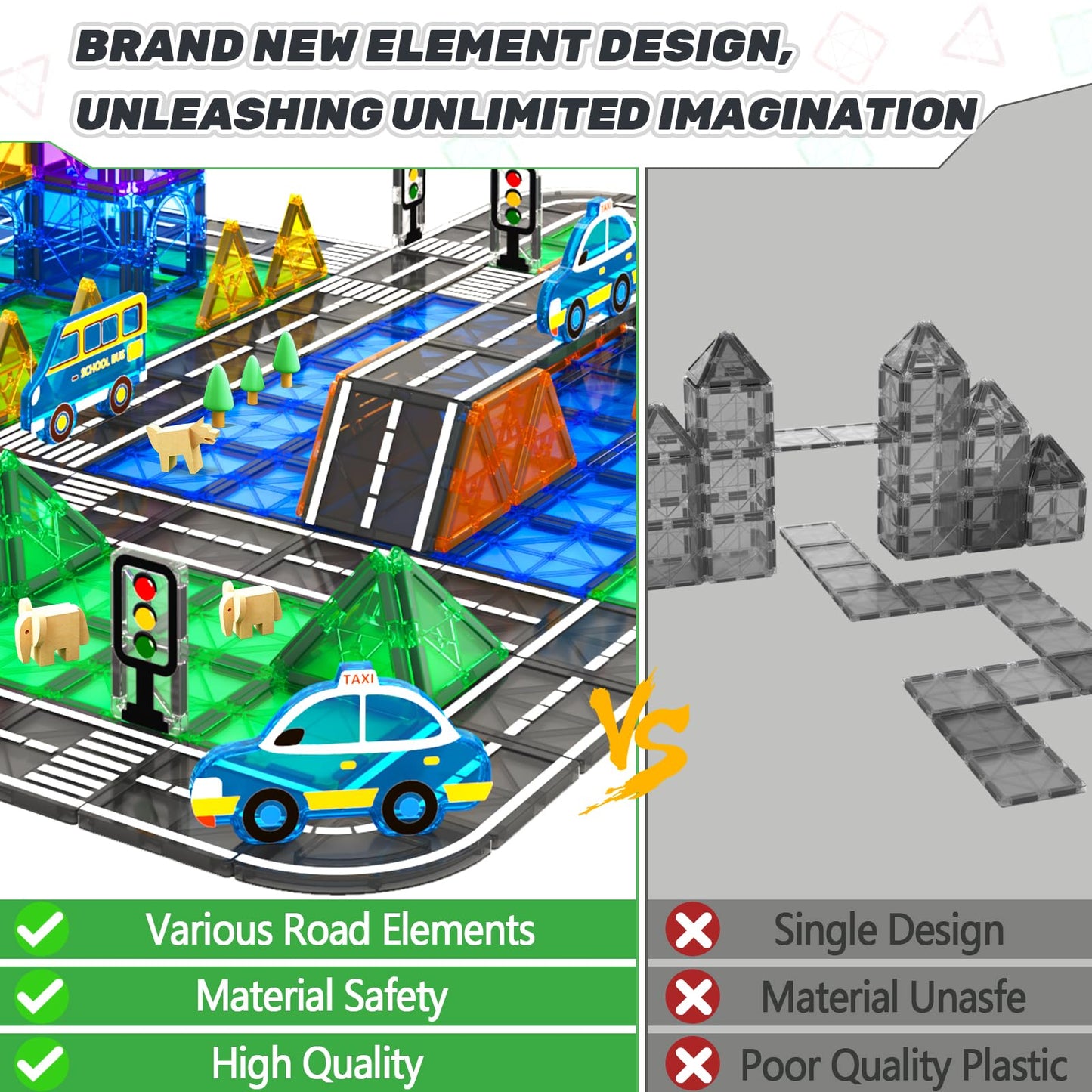 IGIVI Magnetic Tiles - Road Set with Car Toys, STEM Magnetic Blocks Building Toys for Toddlers, Construction Toys for Kids Ages 3+,Gifts Toys for Boys & Girls