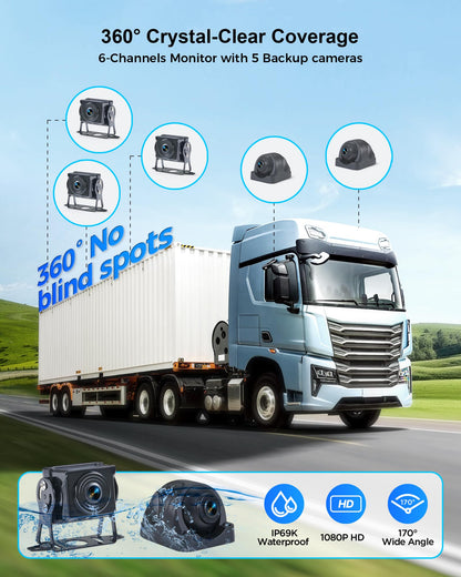 VOONOA RV Camera System with Carplay Android Auto, 5 1080P Wired Backup Camera & 10.1" HD Android 13 Touch Screen Parking Monitoring Navigation DVR BT for Semi Truck Trailer Camper Motorhome