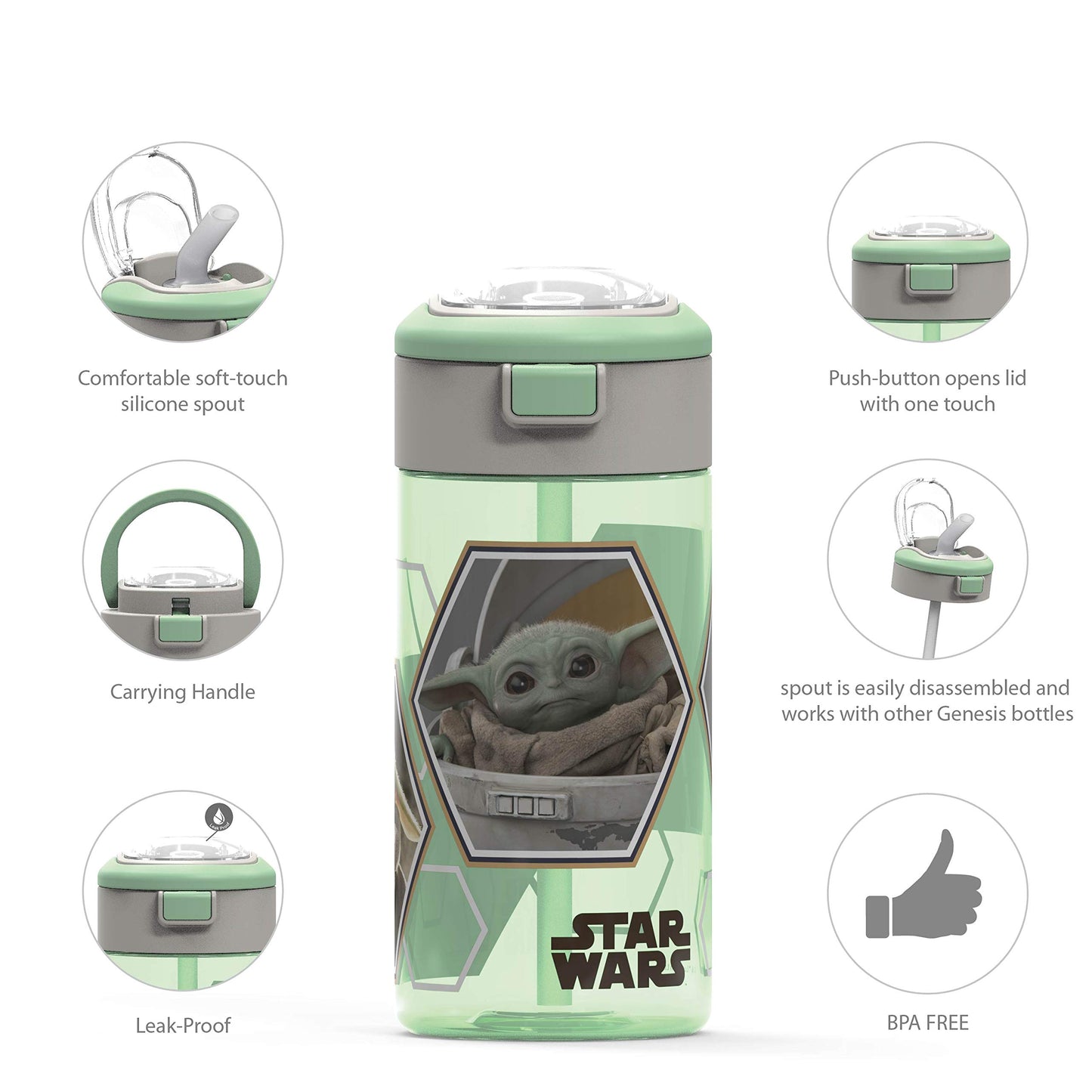 Zak Designs Star Wars The Mandalorian Durable Plastic Water Bottle with Interchangeable Lid and Built-In Carry Handle, Non-BPA, Leak-Proof Design is Perfect for Outdoor Sports (The Child, 18oz, 1PC)