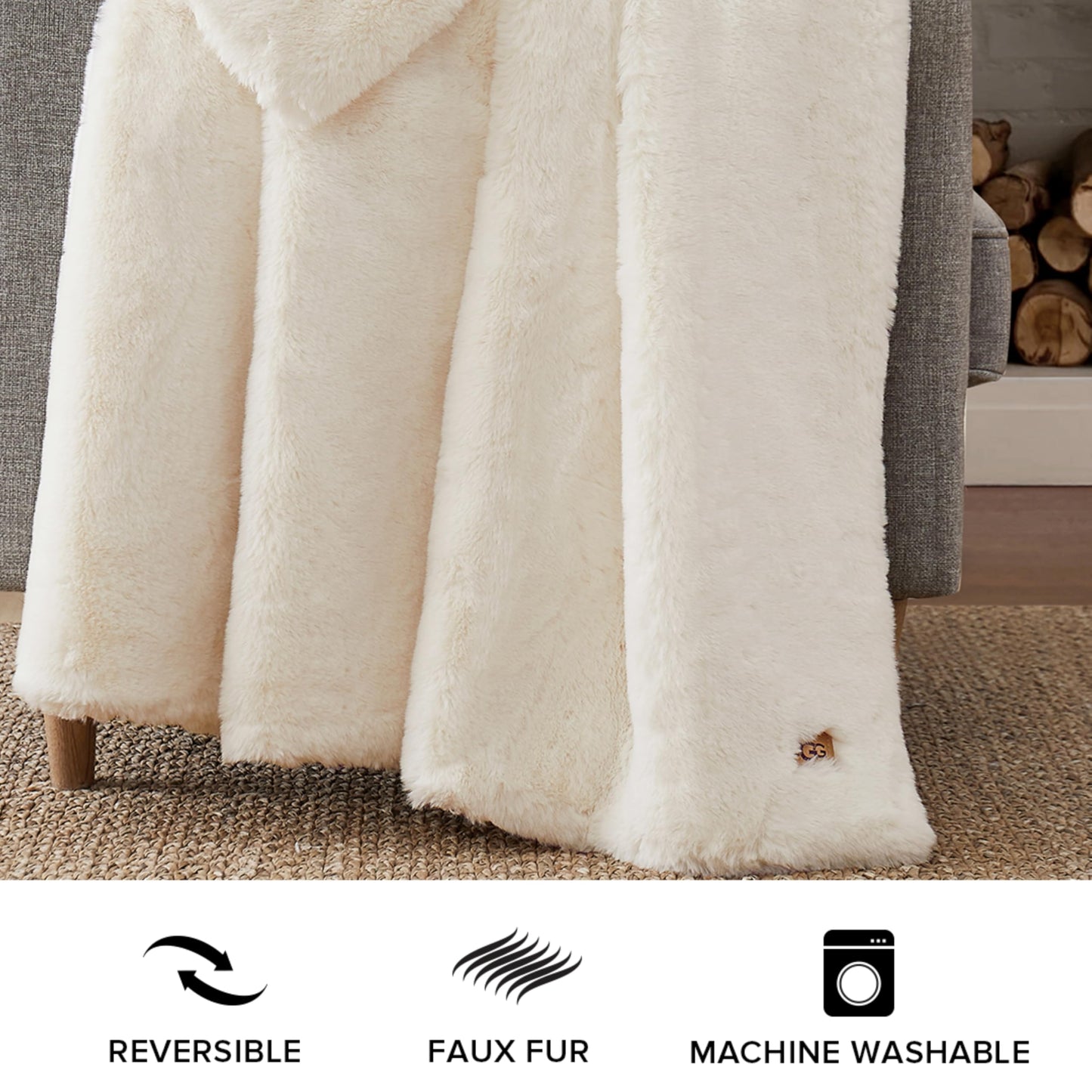 UGG 16796 Euphoria Plush Faux Fur Reversible Throw Blanket for Couch or Bed Luxury Hotel Style Machine Washable Soft Cozy Home Decor Fuzzy Fluffy Sofa Blanket, 70 x 50-Inch, Snow