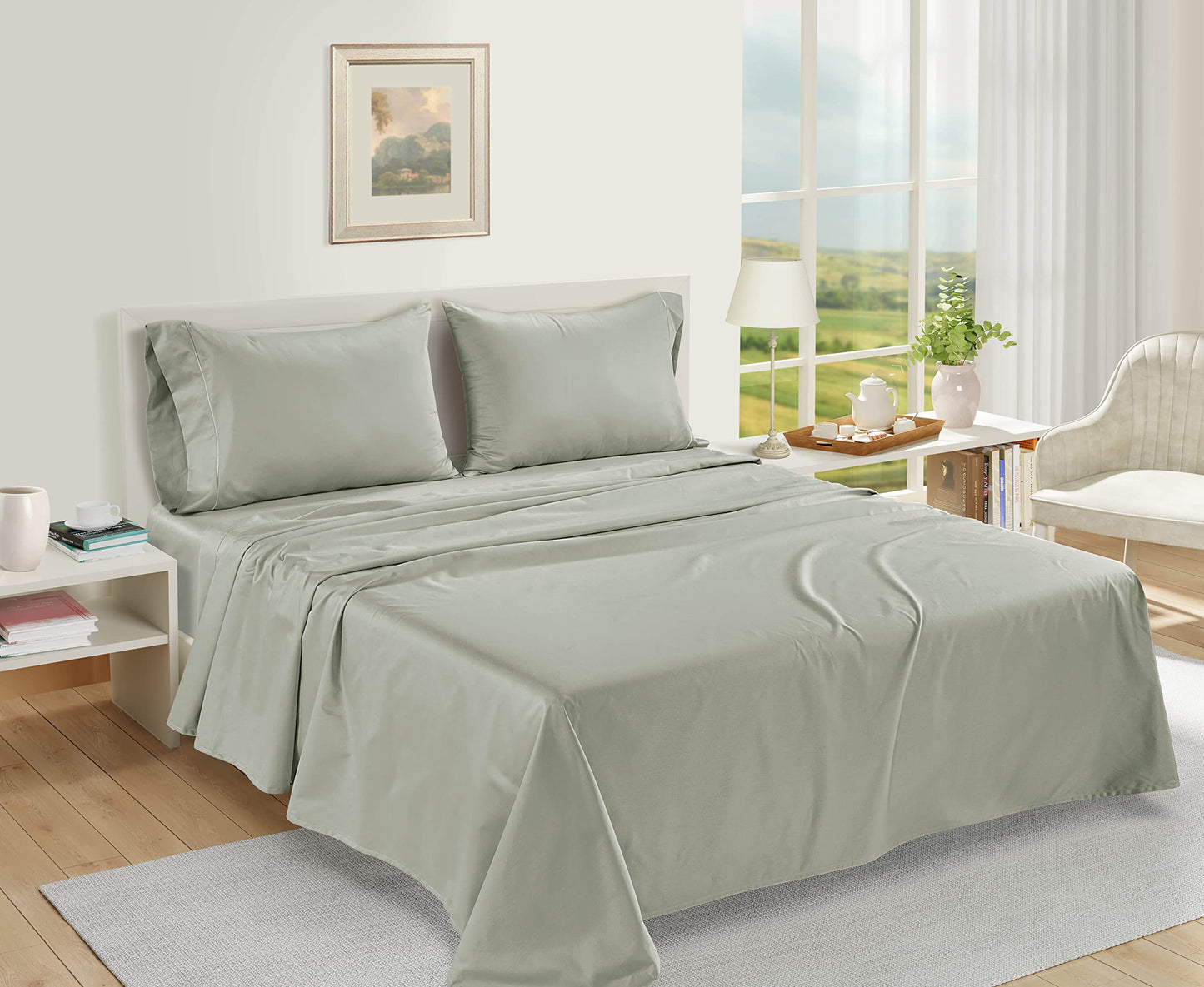 LANE LINEN 100% Egyptian Cotton Bed Sheets sábanas Queen, Soft & Comfy Luxury Hotel Like Thick Bedding Sheets & Pillowcase Set, Machine Wash Cooling 16'' Queen Deep Pocket Sheet Set Mineral