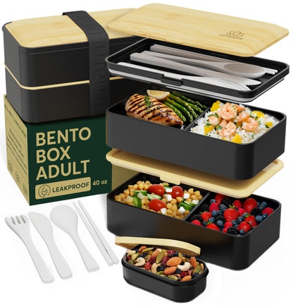 Umami Bento Box Adult All-In-1 w/4 Utensils, Big Sauce Jars, 2 Dividers, 100% Leakproof, Microwave & Dishwasher Safe, Stackable Bento Lunch Box Containers for Men/Women, Black & Bamboo, 40 oz