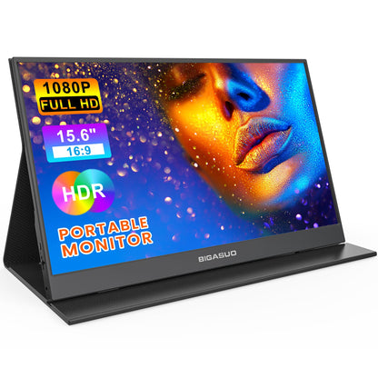 BIGASUO Portable Monitor, 15.6'' 1080P FHD Portable Monitor for Laptop, USB-C HDMI Computer Display HDR, Ultra-Slim IPS Gaming Monitor with Smart Cover for Laptop, PC, Phone, Mac, Xbox, PS4/5, Switch
