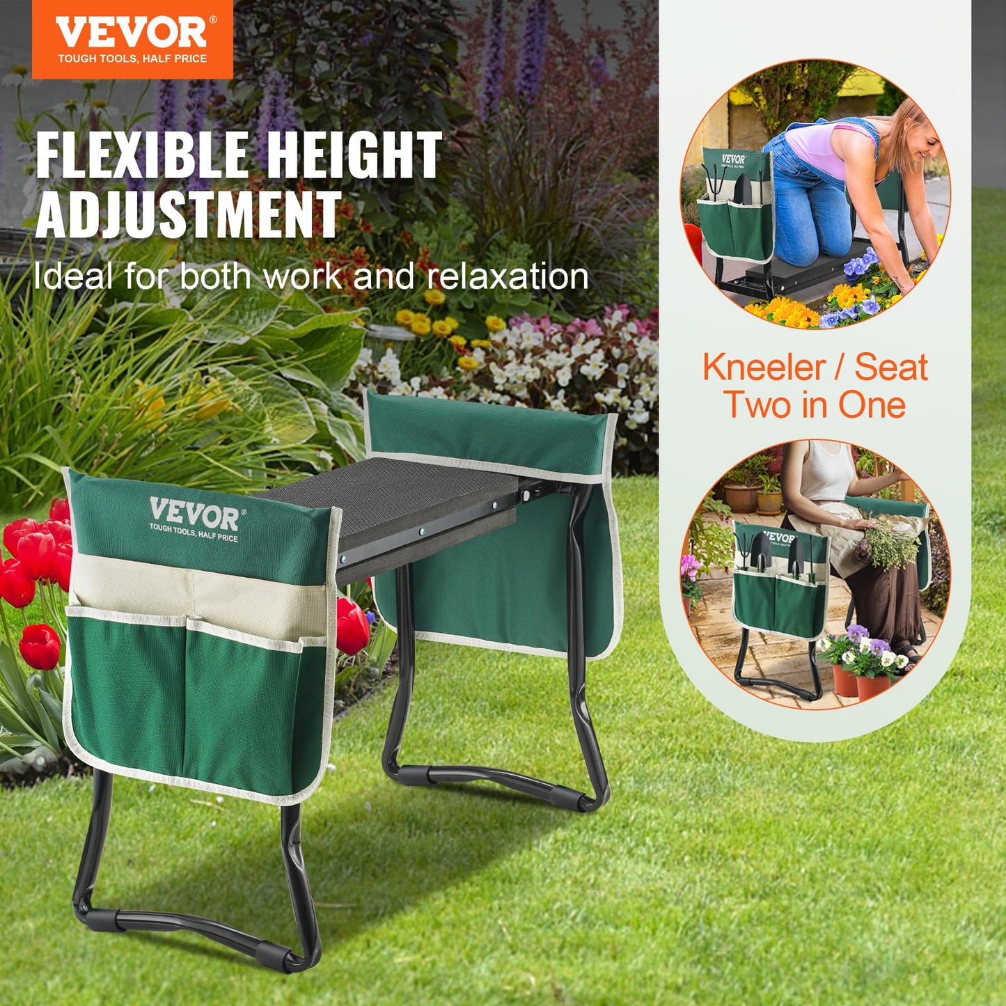 VEVOR Folding Garden Kneeler and Seat Heavy Duty, Widened 8" EVA Foam Pad, Portable Garden Stool with Tool Bags, Gardening Bench to Relieve Knee & Back Pain, Great Gifts for Seniors, Women, Parents