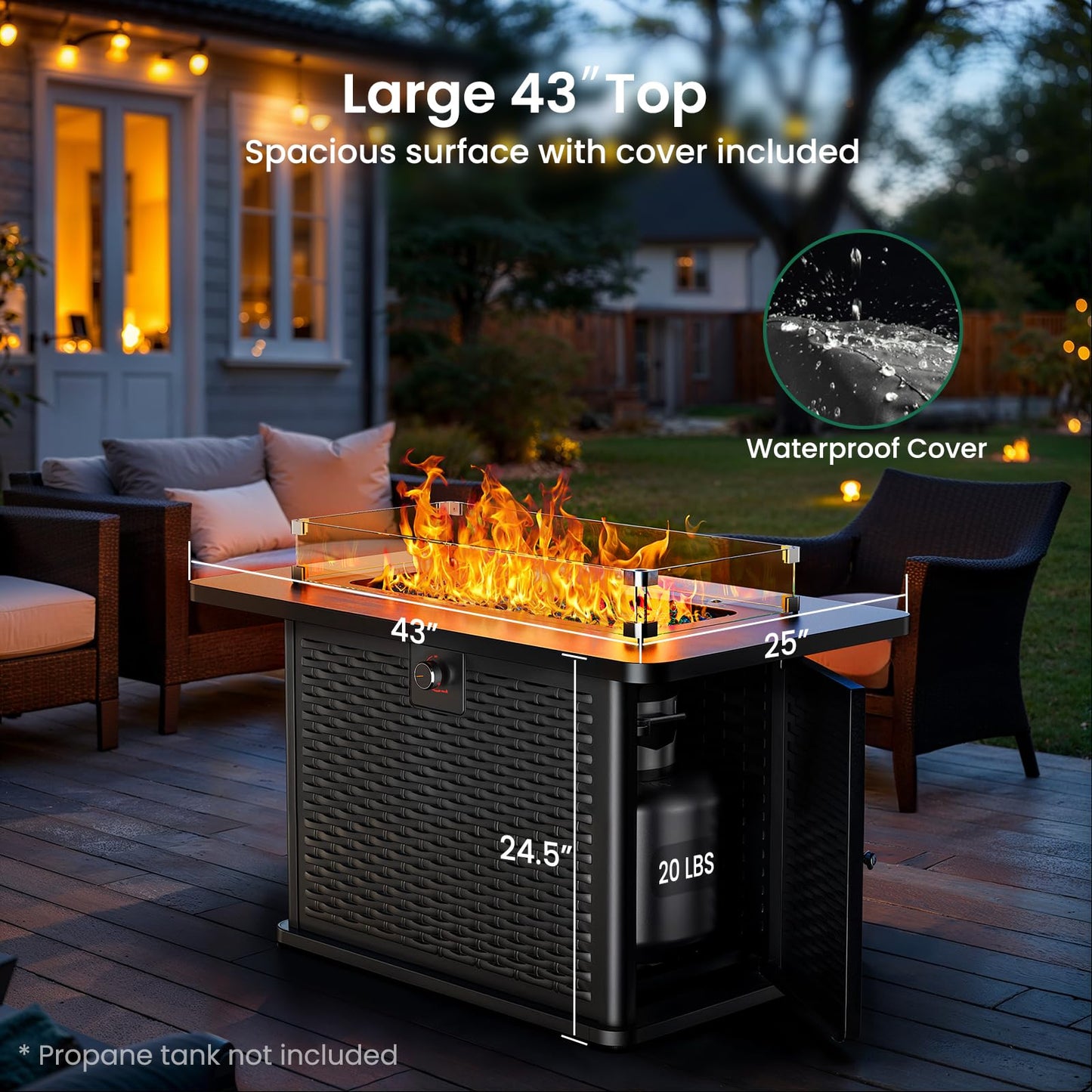 Ciays 43-Inch Rectangular Propane Fire Pit with 60,000 BTU Output, Fire Pit Table CSA-Certified Premium Gas for Outside Patio with 304 Stainless Steel H-Burner, Glass Stones, and Wind Guard,Black
