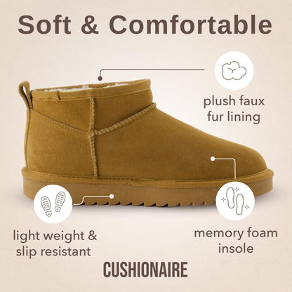 CUSHIONAIRE Hip 2 Genuine Suede Ankle Boots for Women, Cozy Faux Shearling Lining Pull On Winter Womens Boots, CHESTNUT 10