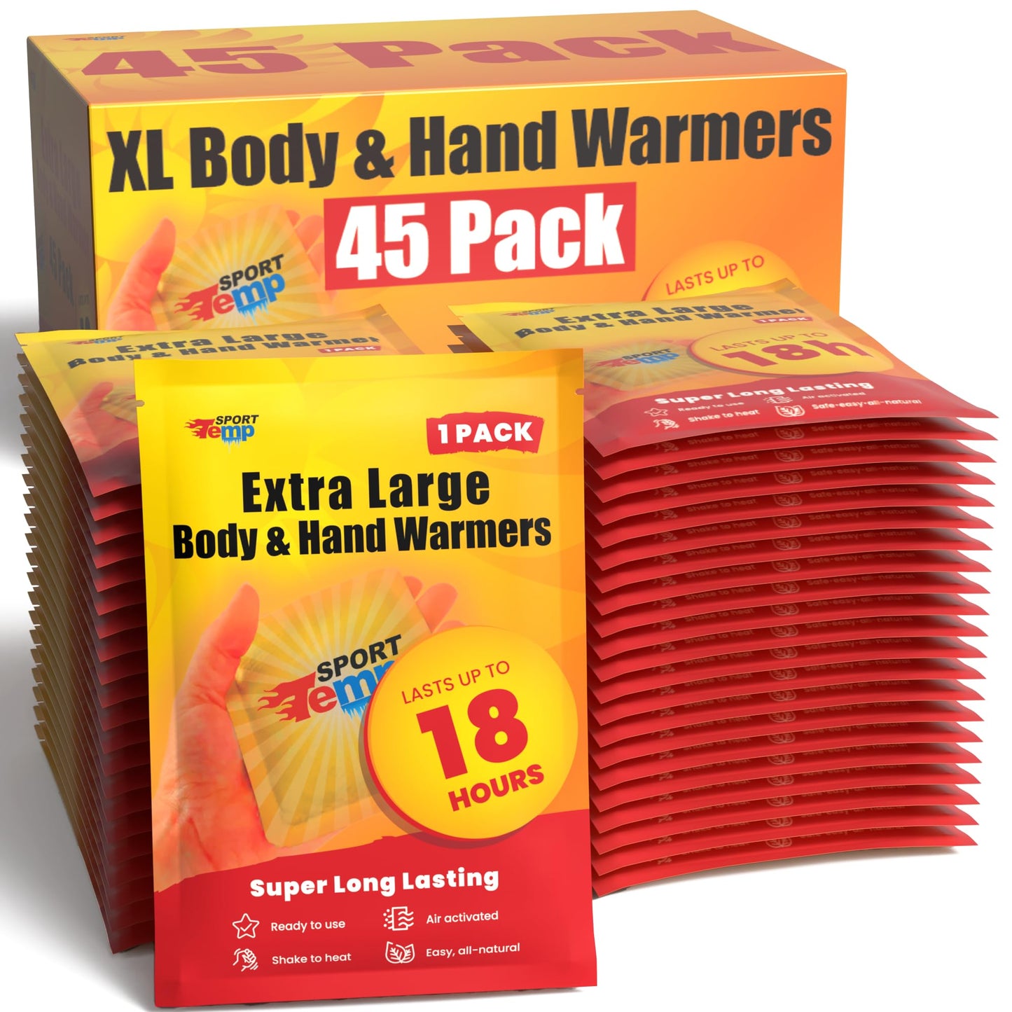 Large Hand & Body Warmers (45 Count) - Up to 18 Hours of Heat, Super Long Lasting - Easy, All Natural - Air Activated, for Body, Hands & Toes - Odorless Hot Hand Warmer - Sport Temp (45 Pack)