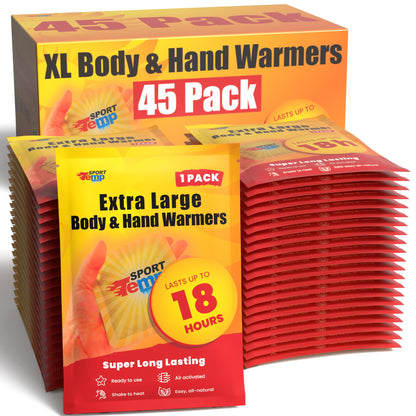 Large Hand & Body Warmers (45 Count) - Up to 18 Hours of Heat, Super Long Lasting - Easy, All Natural - Air Activated, for Body, Hands & Toes - Odorless Hot Hand Warmer - Sport Temp (45 Pack)