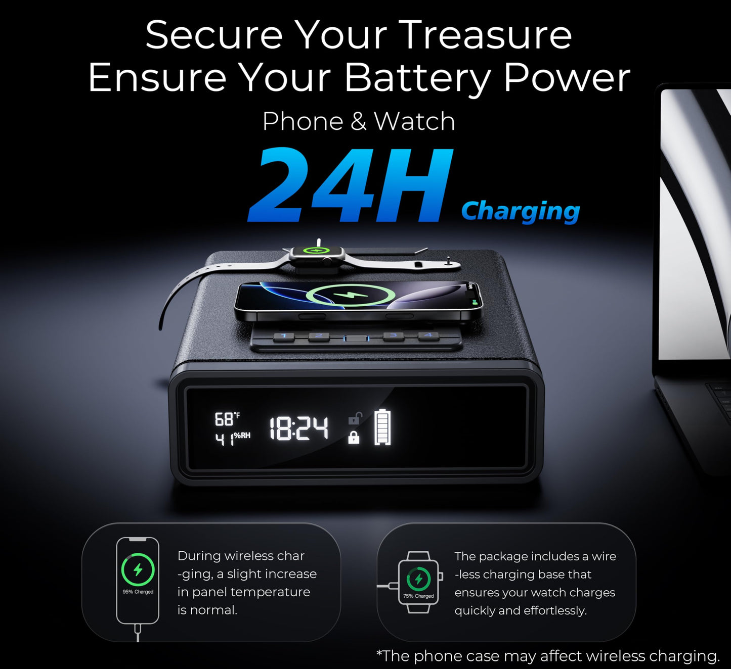 Smart Biometric Safe with Wireless Charging for Phone & Watch, 3 Access Methods to Unlock, Nightstand Drawer Safe LED Display with Humidity & Temperature Monitoring, Stopbox for Cash and Valuables