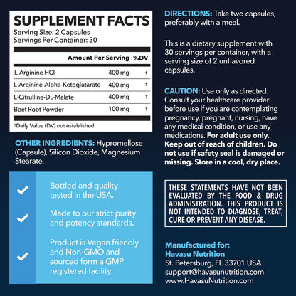 L-Arginine Capsules Nitric Oxide Supplement for Men with L-Citrulline - 1200mg L Arginine and L Citrulline Blend - Non-GMO Veggie Capsule for Performance, Endurance and Muscle - 1 Month Supply