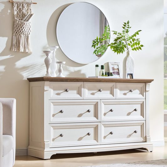 T4TREAM Farmhouse 7 Drawers Dresser for Bedroom, 54" Wide Wood Rustic Chest of Drawers w/Roman Column, Wooden Storage Dressers Organizer for Bedroom, Living Room, Closet, Antique White