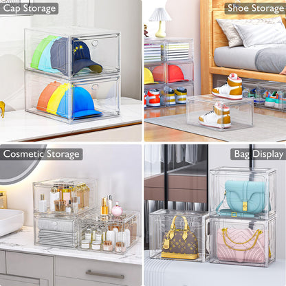 Thicken & Sturdy Clear Shoe Storage Organizer with Magnetic Door, Stackable Boxes for Closet, Foldable Space-Saving Shoe Rack for Sneaker Boot Container, Plastic Shoe Cabinet Shoe Box 6 Pack, White