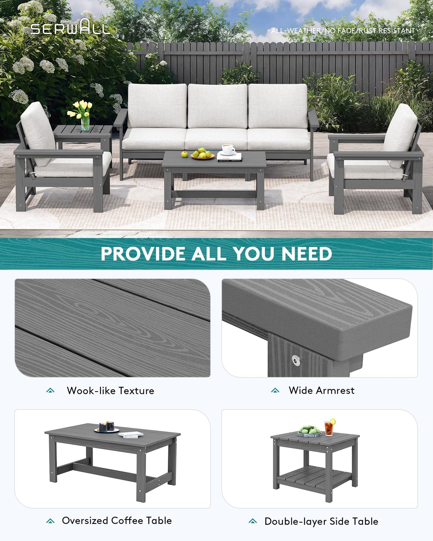 SERWALL HDPE Patio Furniture Set, 7-Piece Outdoor Sectional Sofa Set, All Weather Outdoor Couch Set for Deck, Lawn, Grey Frame with Khaki Cushion