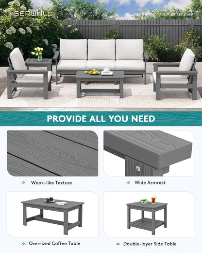 SERWALL HDPE Patio Furniture Set, 7-Piece Outdoor Sectional Sofa Set, All Weather Outdoor Couch Set for Deck, Lawn, Grey Frame with Khaki Cushion