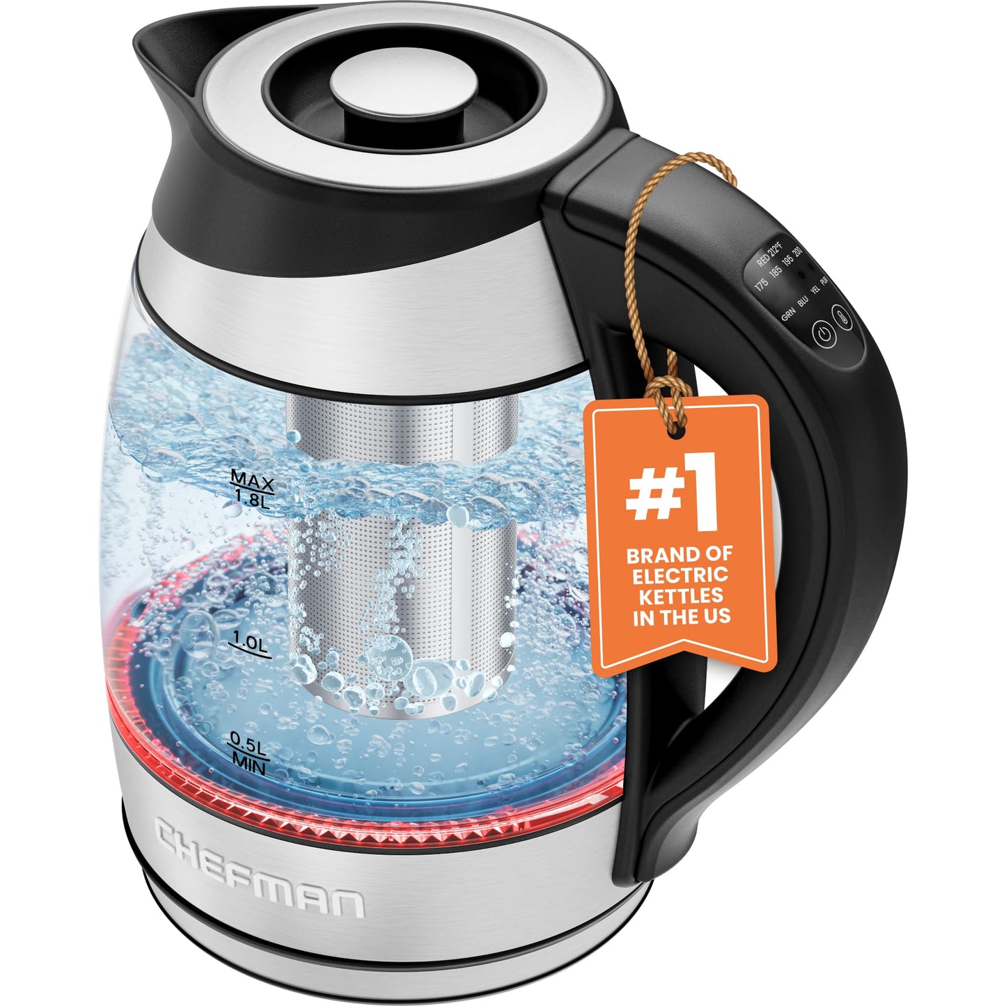 Chefman Electric Kettle with Temperature Control, 5 Presets LED Indicator Lights, Removable Tea Infuser, Glass Tea Kettle & Hot Water Boiler, 360° Swivel Base, BPA Free, Stainless Steel, 1.8 Liters