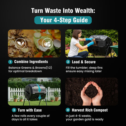 OLIXIS Compost Bin Outdoor 43 Gallon, Dual Chamber Composter Tumbler Outdoor with Gloves, Efficient 360°Rotating Composting Bin for Patio, Lawn, Home Gardening and Landscape, Black