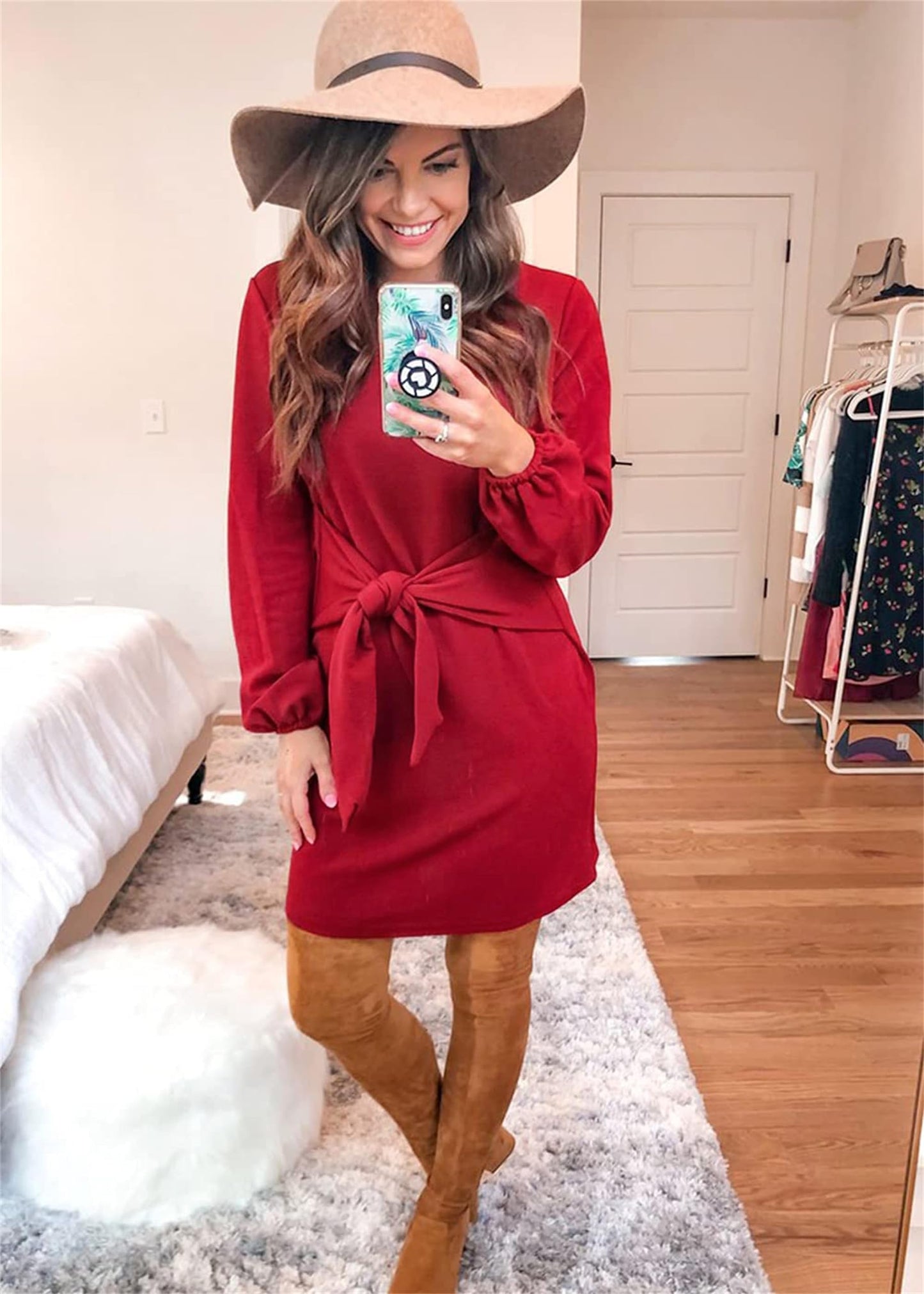 PRETTYGARDEN Women's Elegant Long Lantern Sleeve Short Dress Crewneck Tie Waist Knit Cocktail Dress (Red,Medium)
