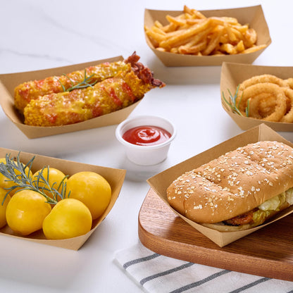 JOLLY CHEF 2lb Paper Food Trays, 250 Pack Disposable Paper Boat, Kraft Serving Boats, Food Holder Trays for Snacks French Fries Nachos Hot Dog Tacos BBQ Party